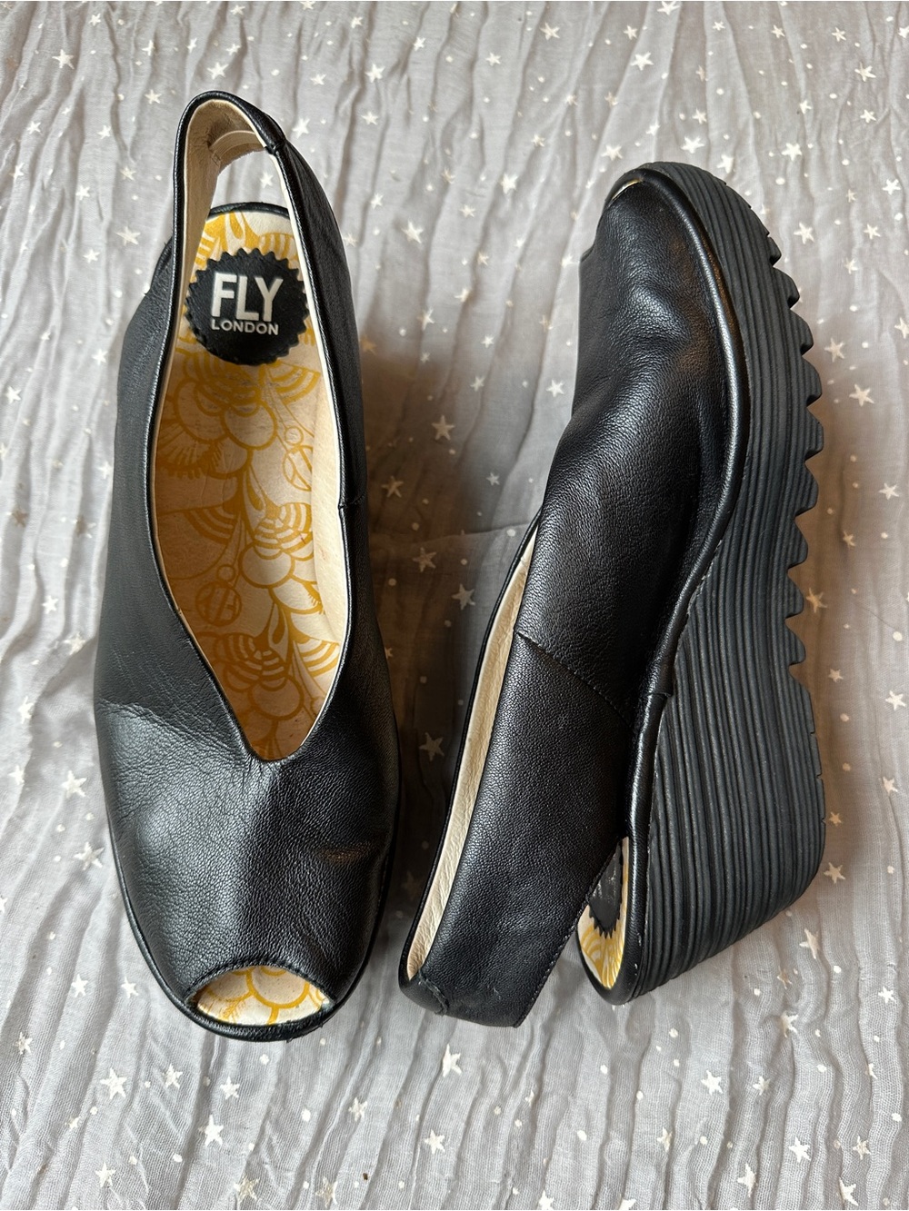 Fly London Yazu Black Leather Peep-Toe Wedge Size 41